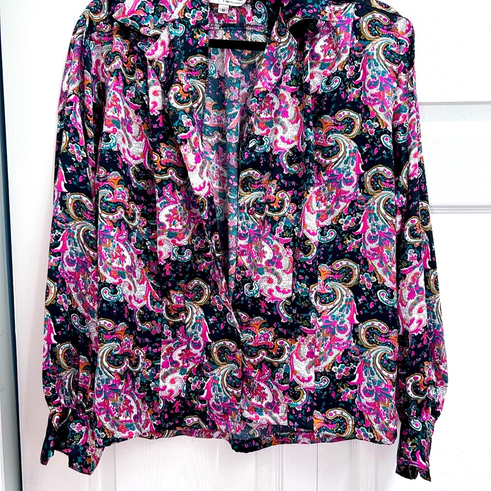 Oscar de la Renta Pink and Black Graphic Long Sleeve Blouse